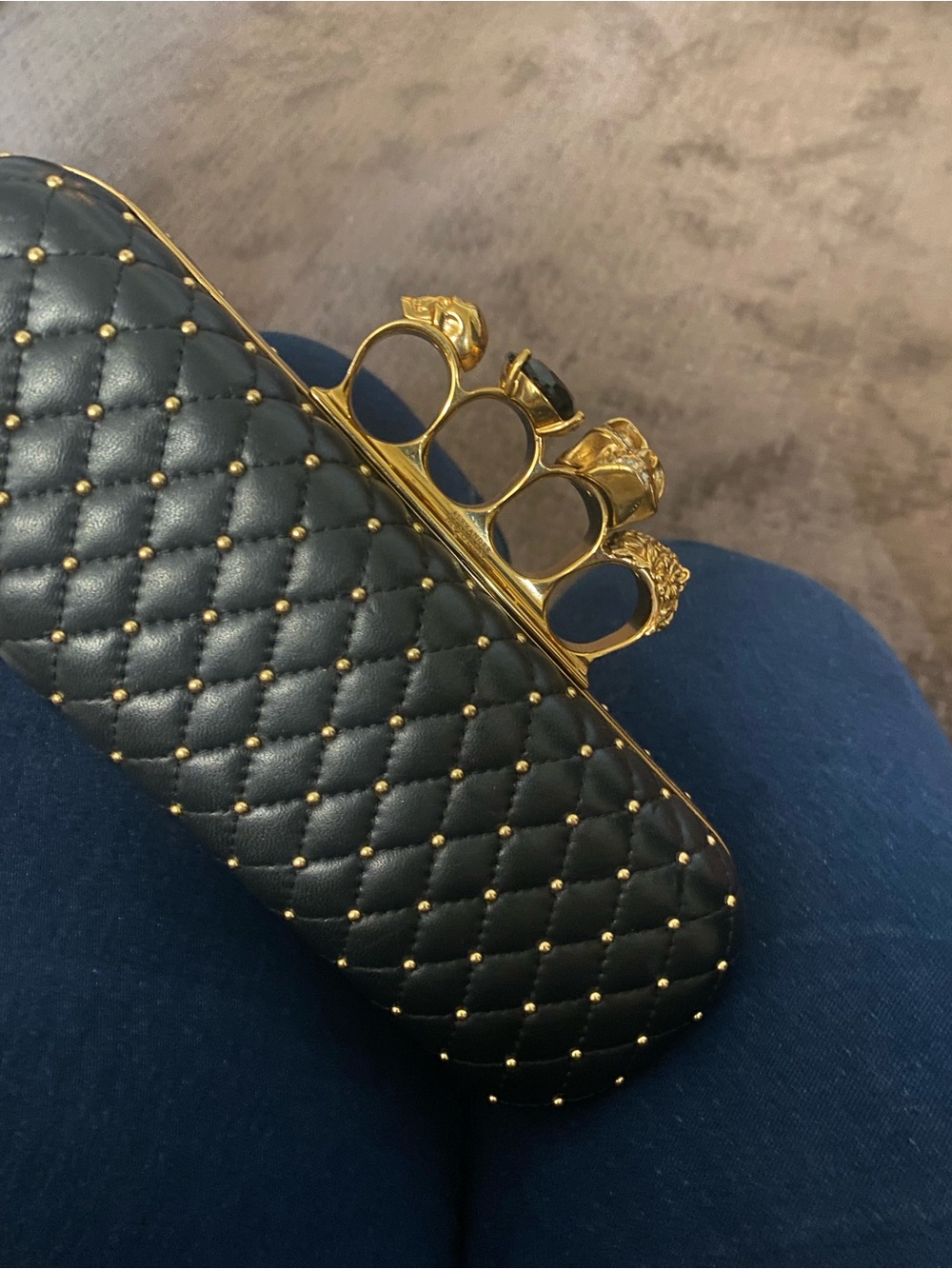 Alexander McQueen Black Quilted Leather Knuckle Clasp Clutch with Gold Studs